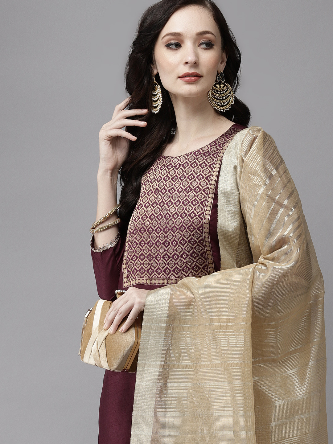 

Indo Era Women Maroon & Beige Yoke Design Regular Kurta with Trousers & With Dupatta