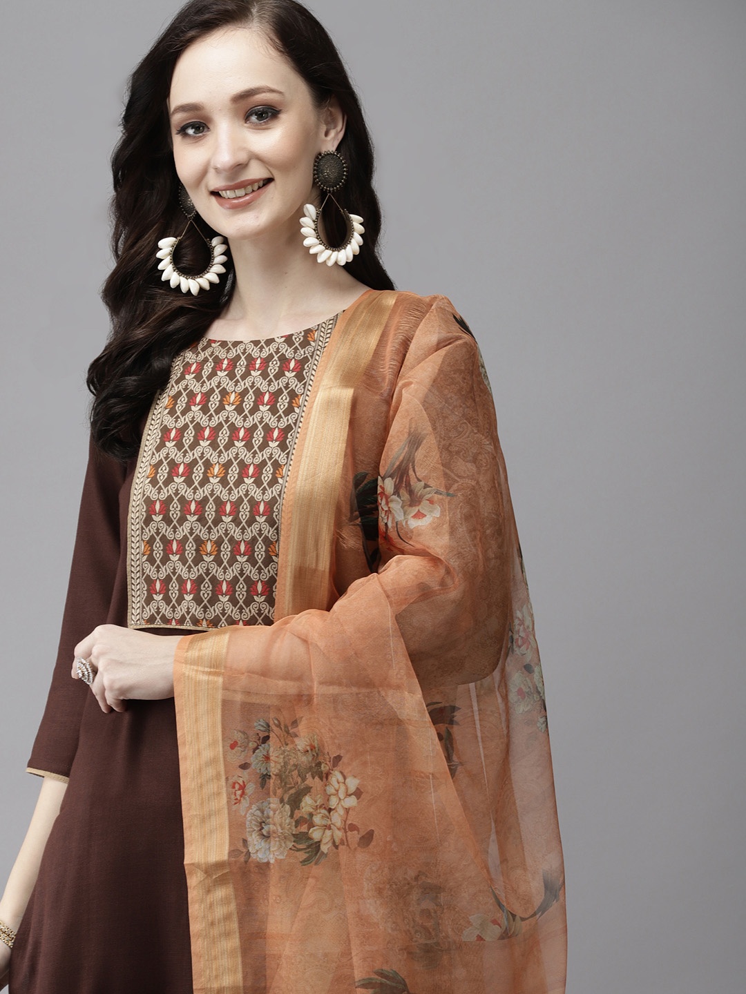 

Indo Era Women Brown Printed Pure Cotton Kurta with Palazzos & Dupatta