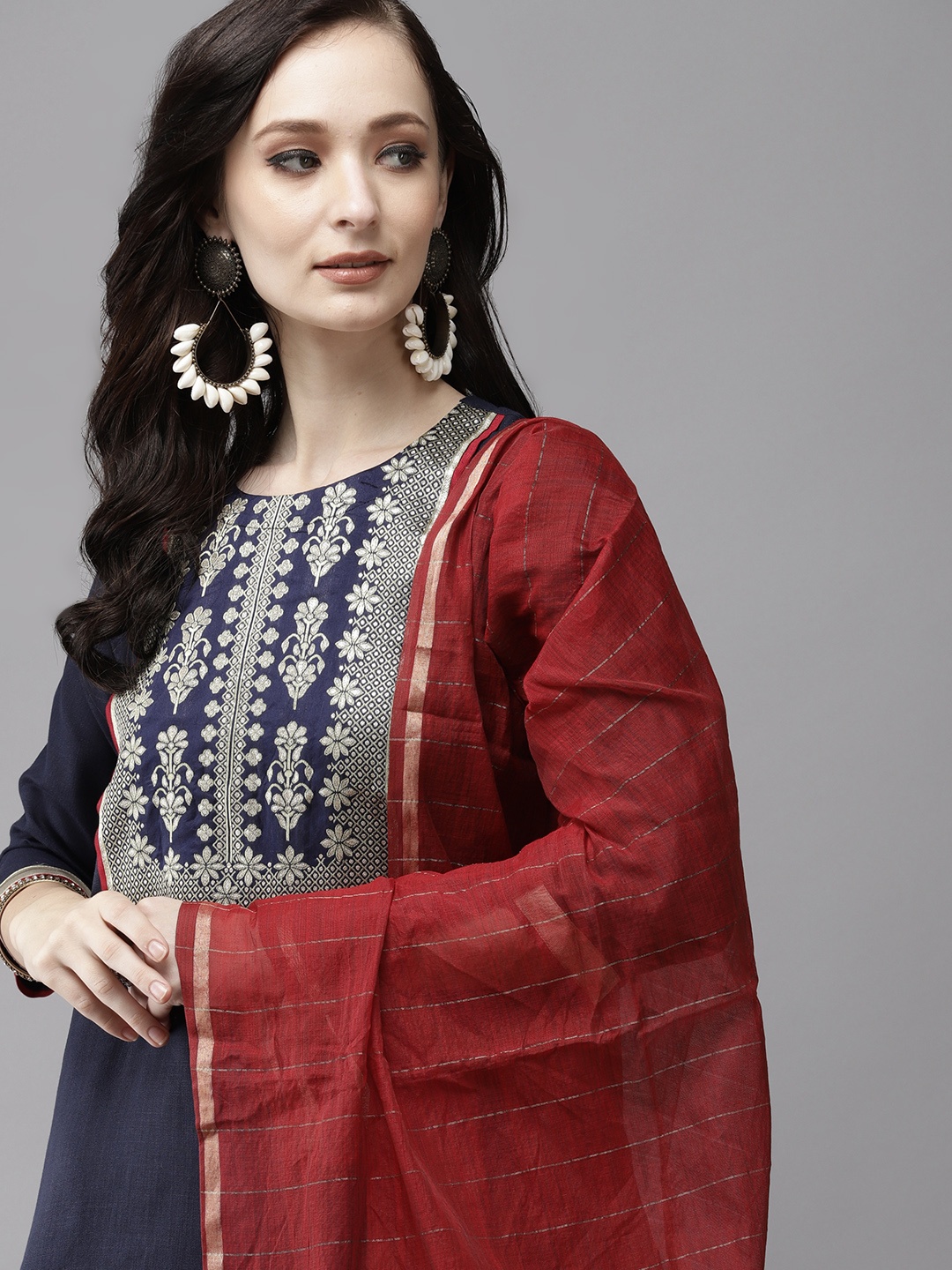 

Indo Era Women Navy Blue Patchwork Kurta with Trousers & Dupatta