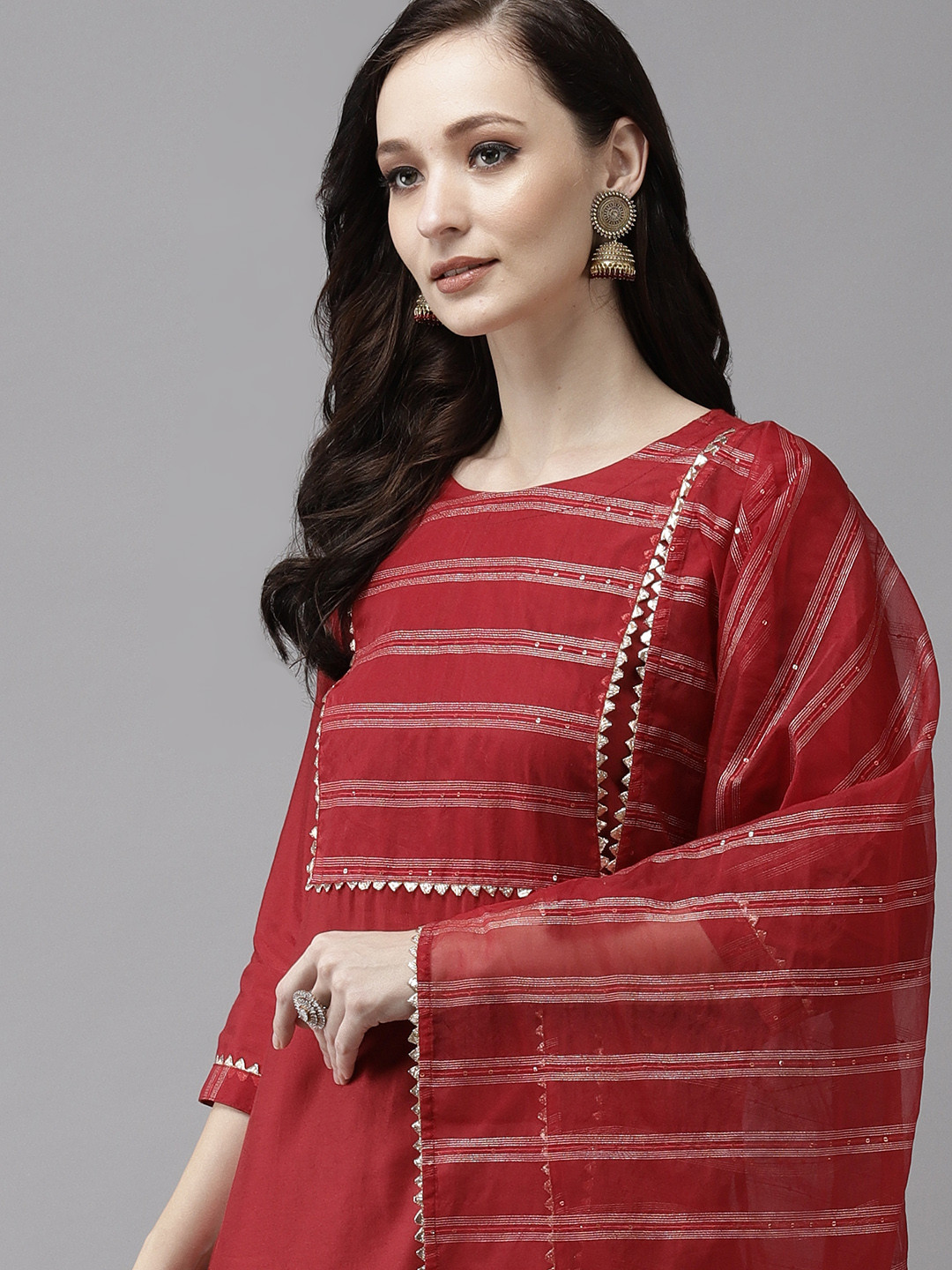 

Indo Era Women Red Yoke Design Regular Gotta Patti Liva Kurta with Trousers & With Dupatta