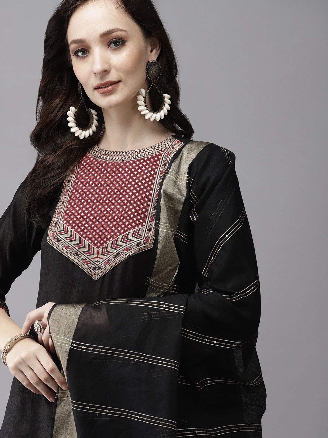 

Indo Era Women Black Regular Kurta with Palazzos & Dupatta