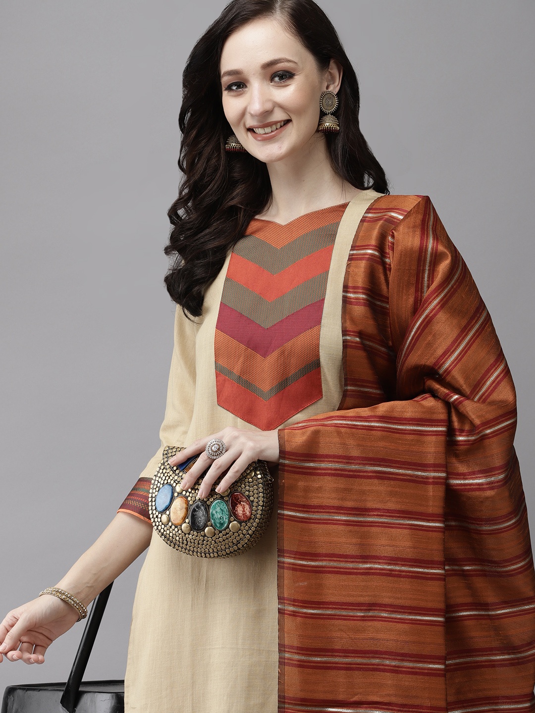 

Indo Era Women Beige Yoke Design Pure Cotton Kurta with Palazzos & With Dupatta