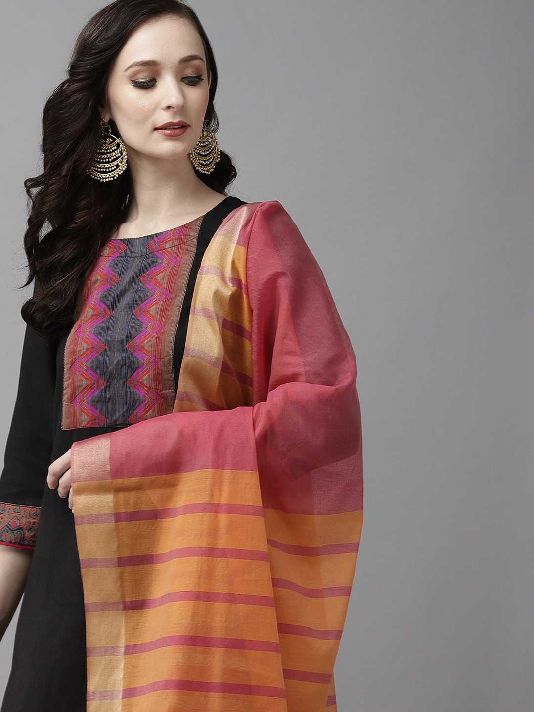 

Indo Era Women Black Solid Pure Cotton Kurta with Palazzos & Dupatta