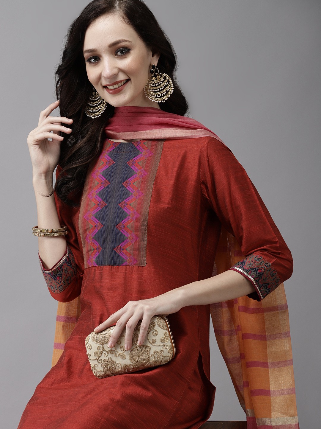 

Indo Era Women Orange Solid Yoke Design Kurta with Palazzos & Dupatta