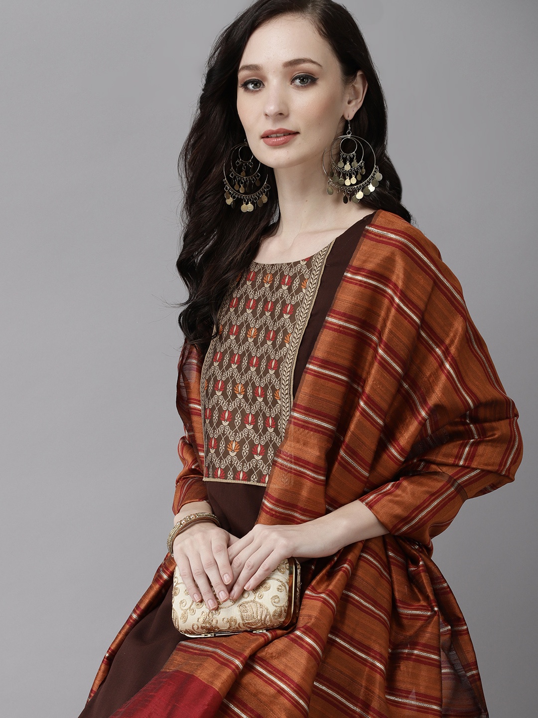 

Indo Era Women Brown Solid Patchwork Pure Cotton Kurta with Palazzos & Dupatta
