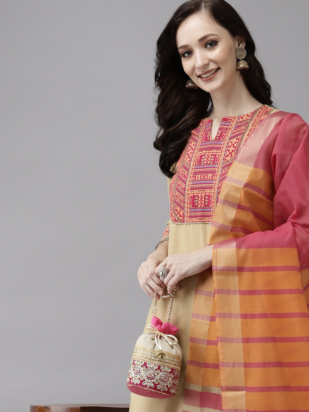 

Indo Era Women Beige Floral Regular Gotta Patti Kurta with Palazzos & With Dupatta