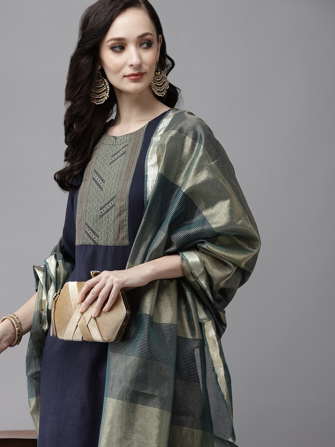 

Indo Era Women Navy Blue Yoke Design Regular Patchwork Pure Cotton Kurta with Palazzos & With Dupatta