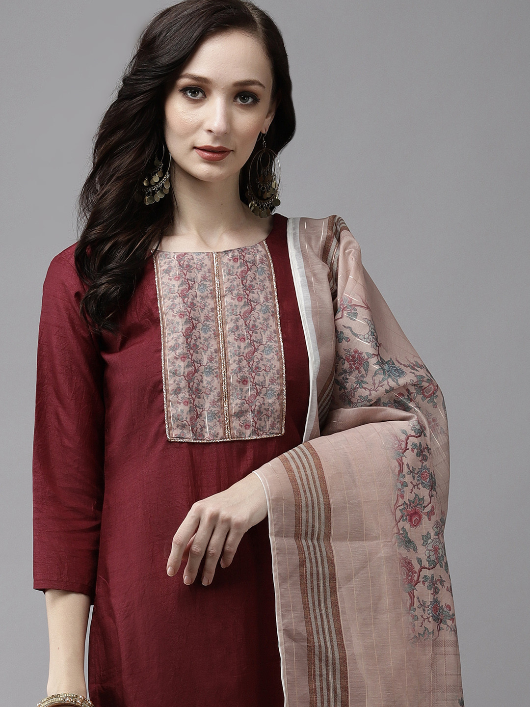 

Indo Era Women Pink Floral Regular Liva Kurta with Palazzos & With Dupatta