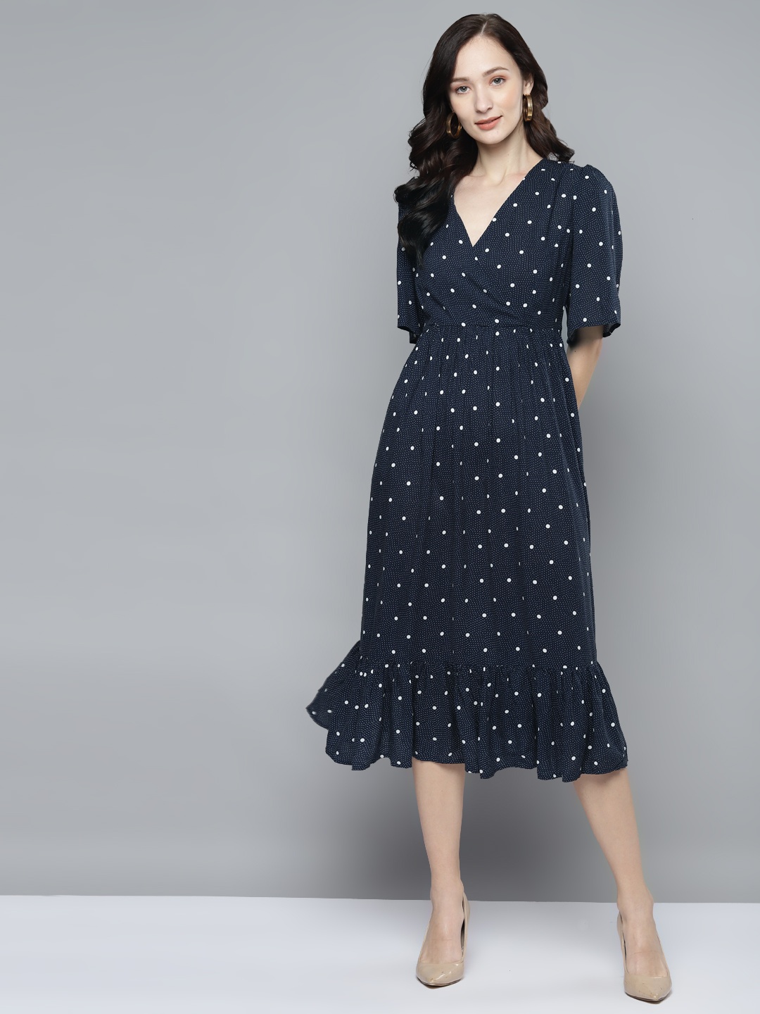 

Femella Navy Blue Midi Polka Dotted Dress