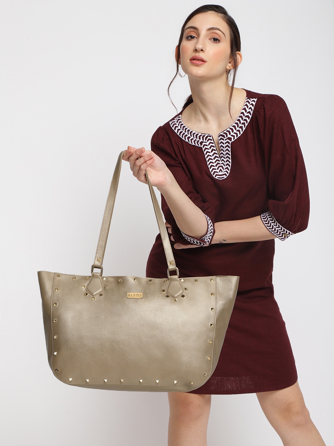 KLEIO Women Structured Handheld Bag With Embellishments, Copper