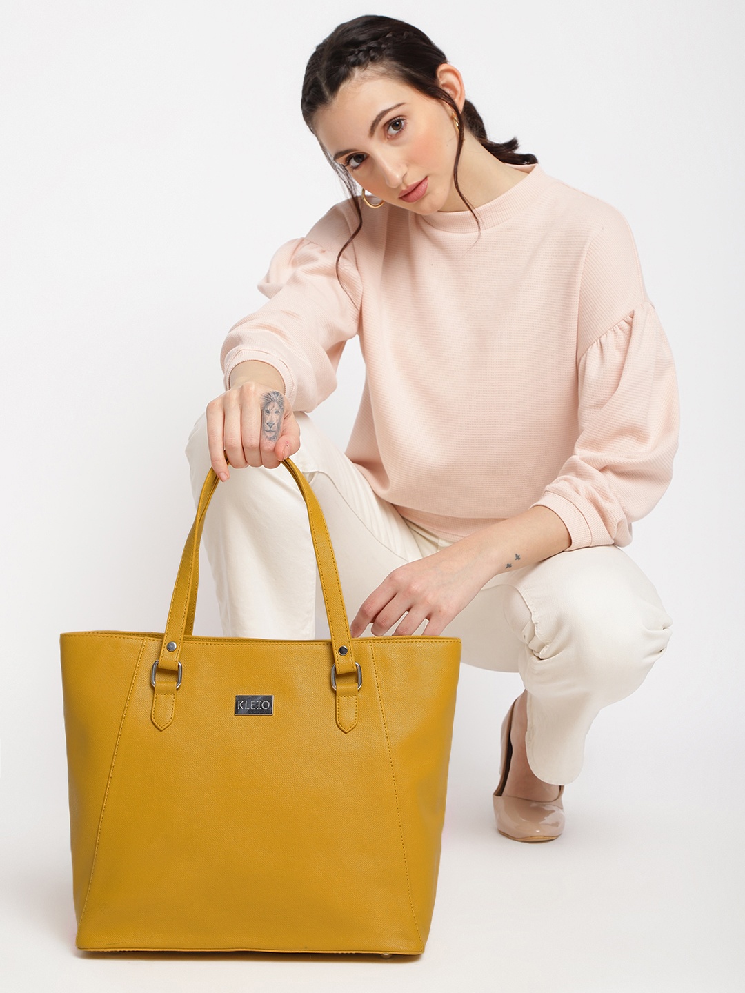 

KLEIO Solid Tote Shoulder Bag with Laptop compartment, Mustard