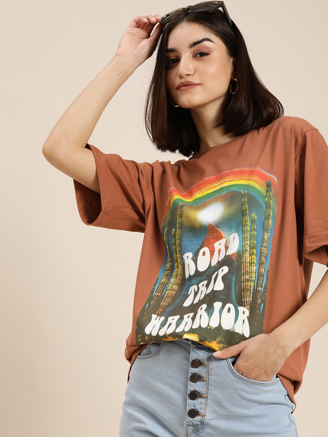 

DILLINGER Women Brown Typography Printed Pure Cotton Oversized T-shirt