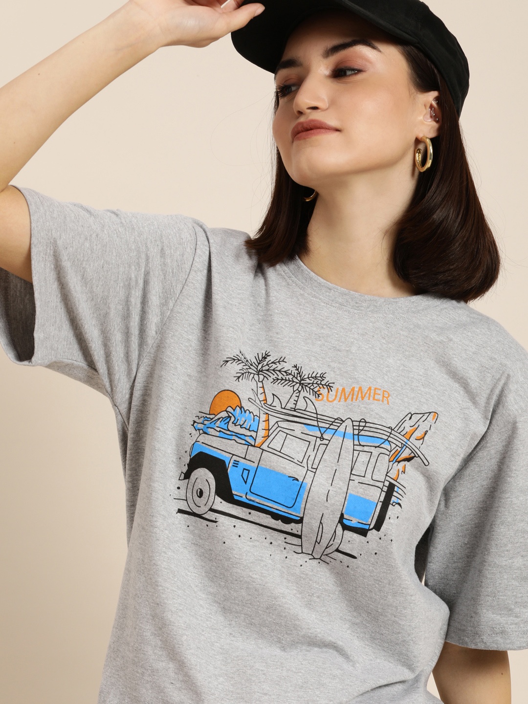 

DILLINGER Women Grey Melange Printed Pure Cotton Oversized T-shirt