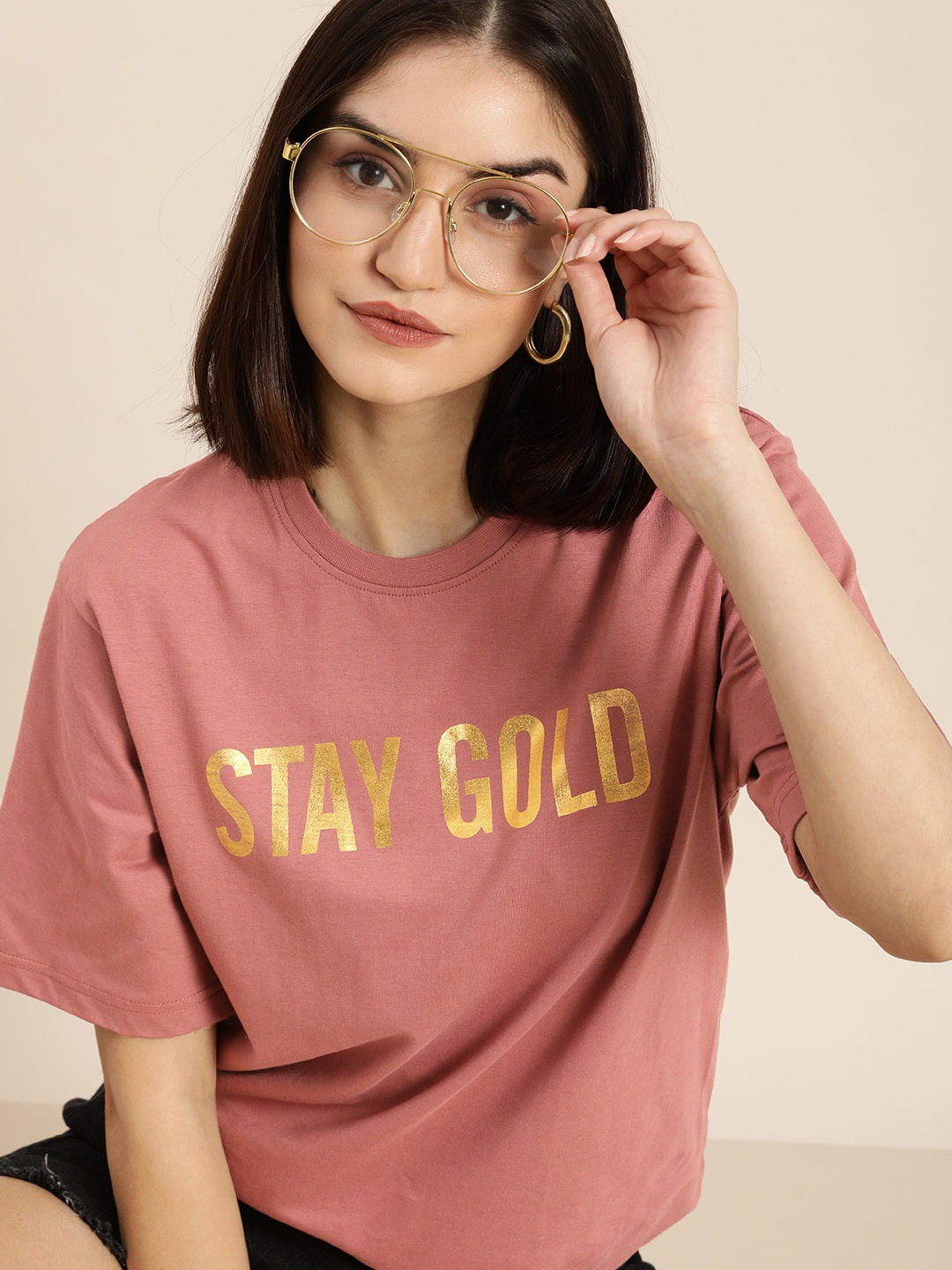 

DILLINGER Women Pink Typography Printed Oversized T-shirt