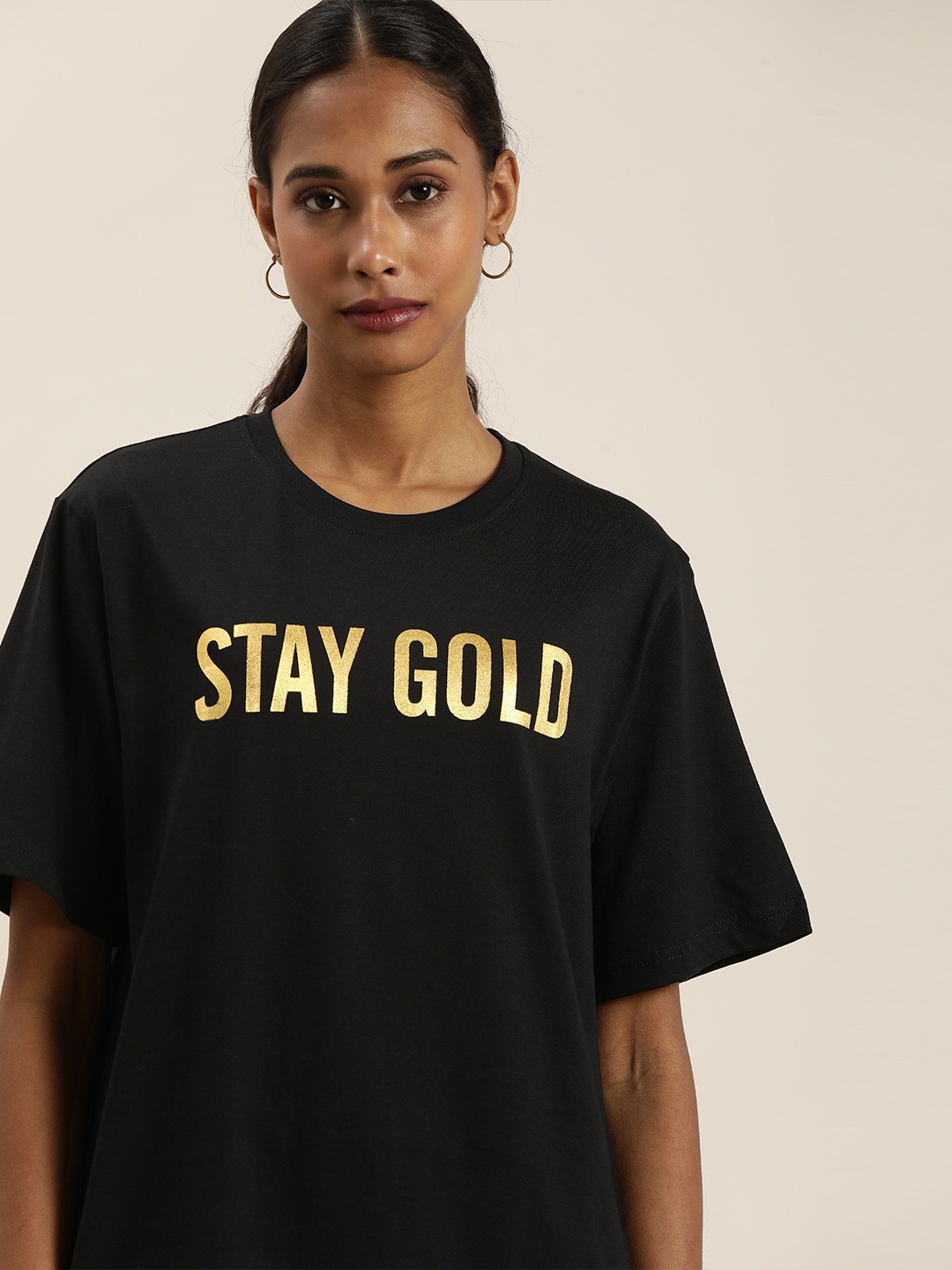 

DILLINGER Women Black Typography Cotton Oversized T-shirt