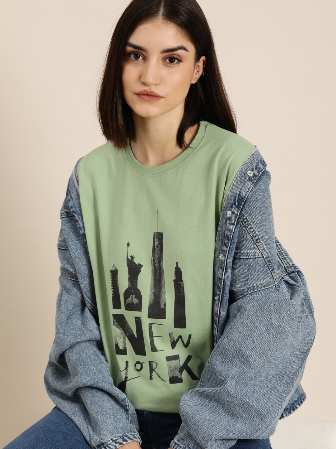 

DILLINGER Women Green Typography Printed Cotton Oversized Pure Cotton T-shirt