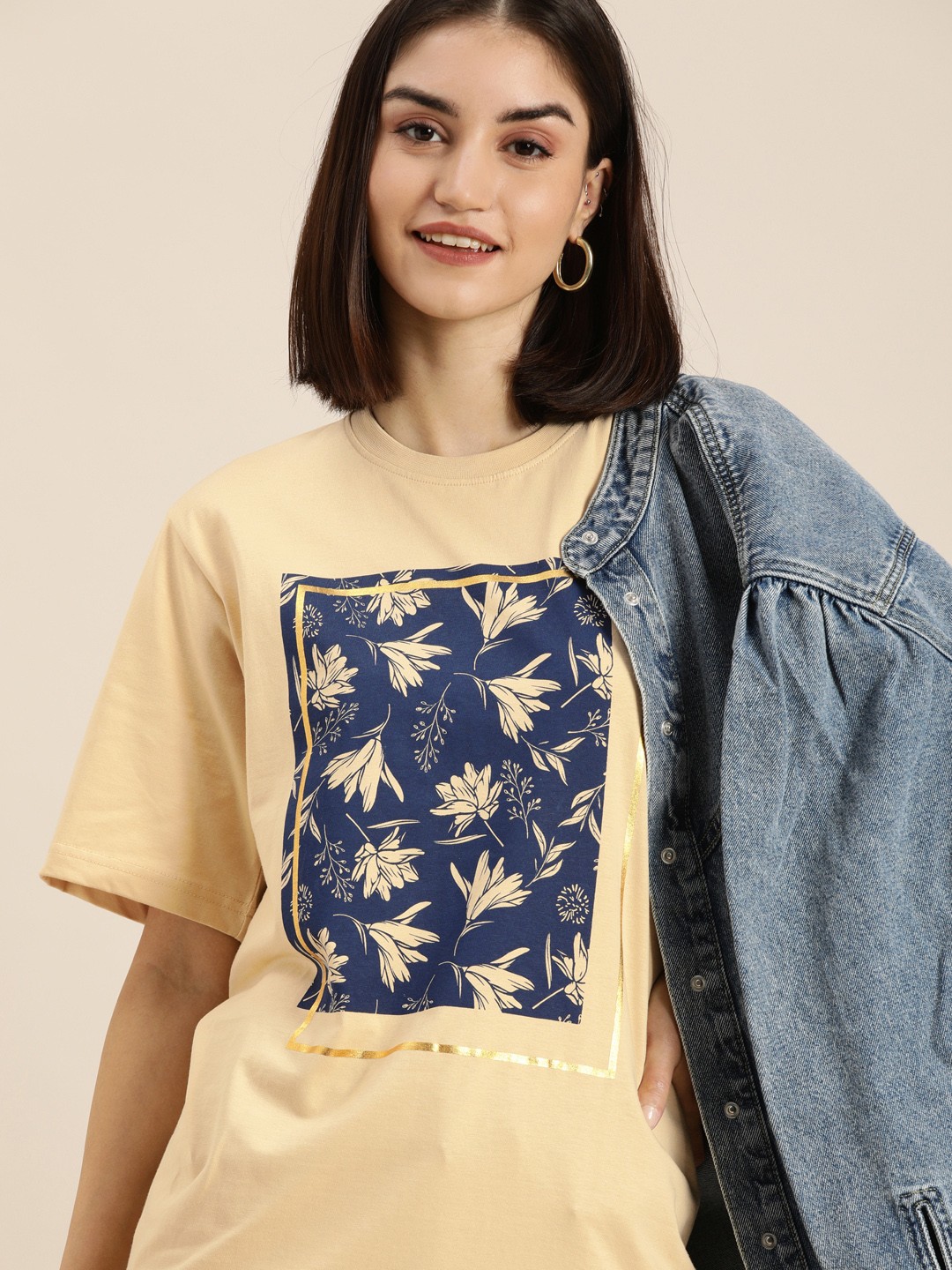 

DILLINGER Women Beige Printed Cotton Oversized T-shirt