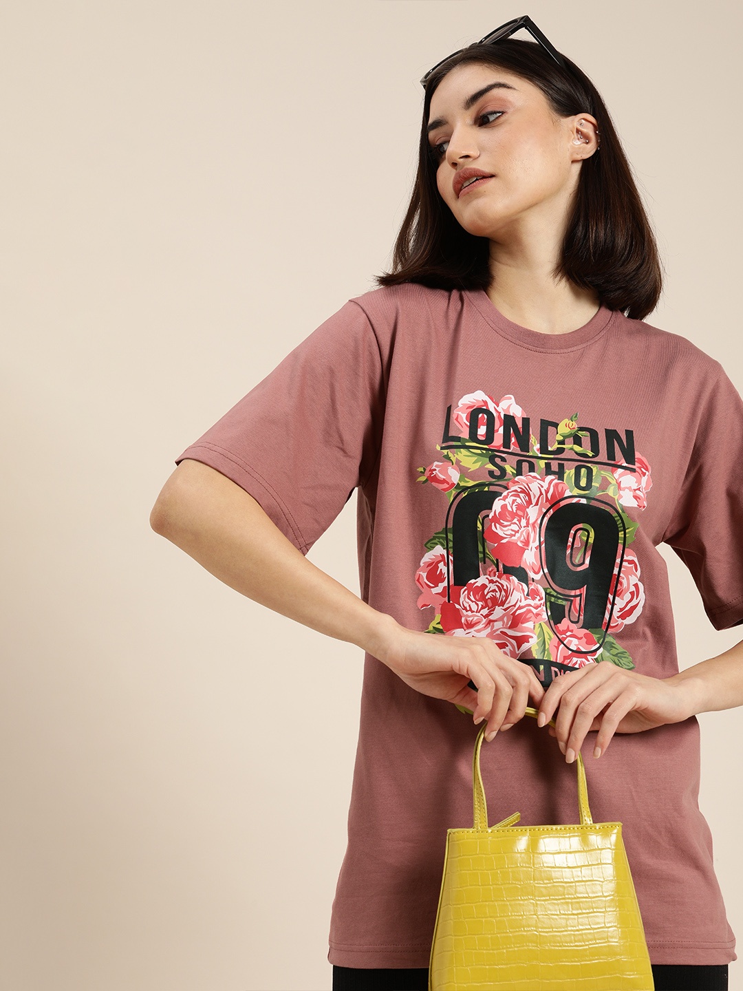 

DILLINGER Women Pink Printed Oversized T-shirt