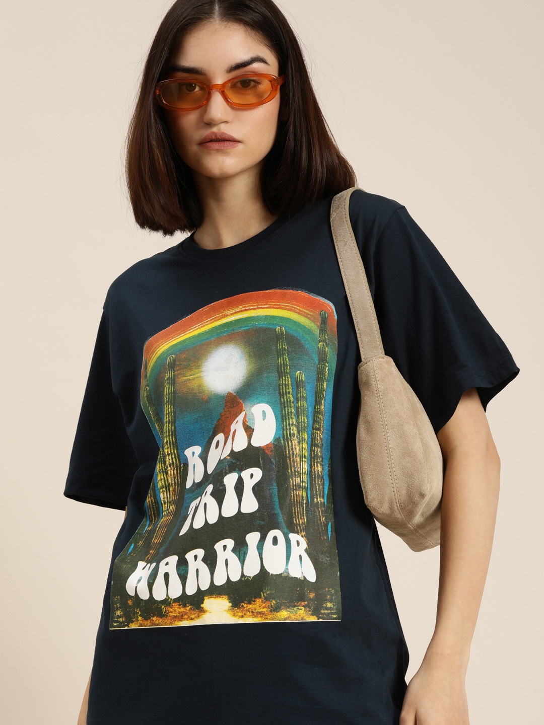

DILLINGER Women Navy Blue Typography Printed Pure Cotton Oversized T-shirt