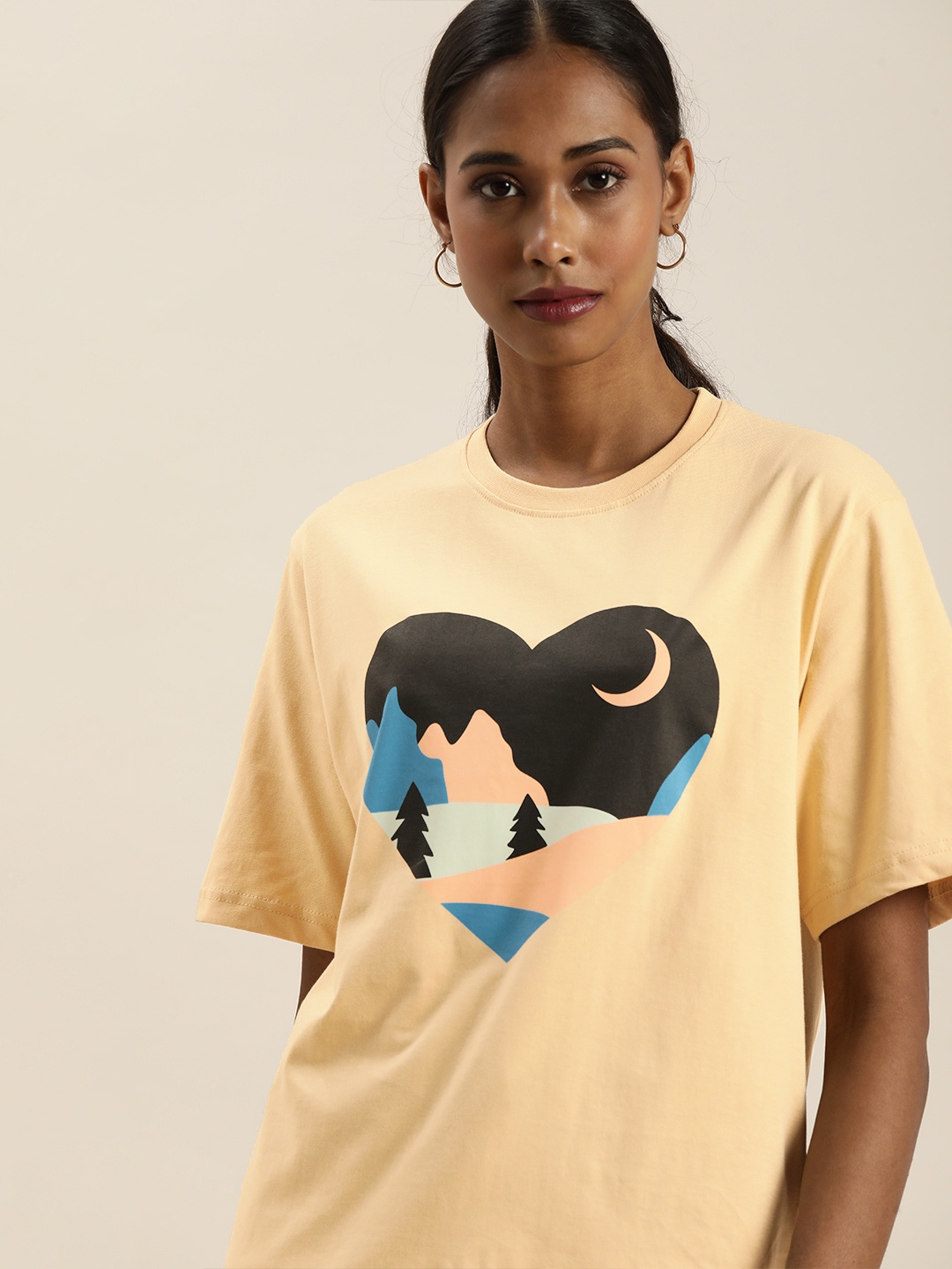 

DILLINGER Women Beige Black Printed Extended Sleeves Oversized T-shirt