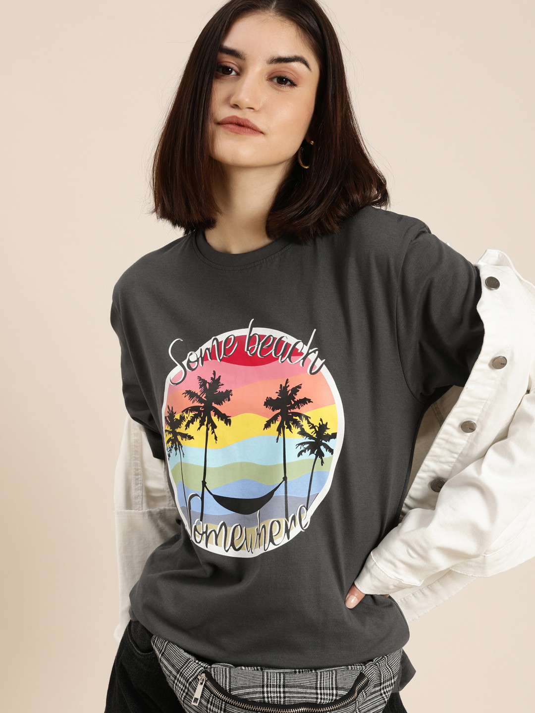 

DILLINGER Women Grey Graphic Printed Oversized T-shirt
