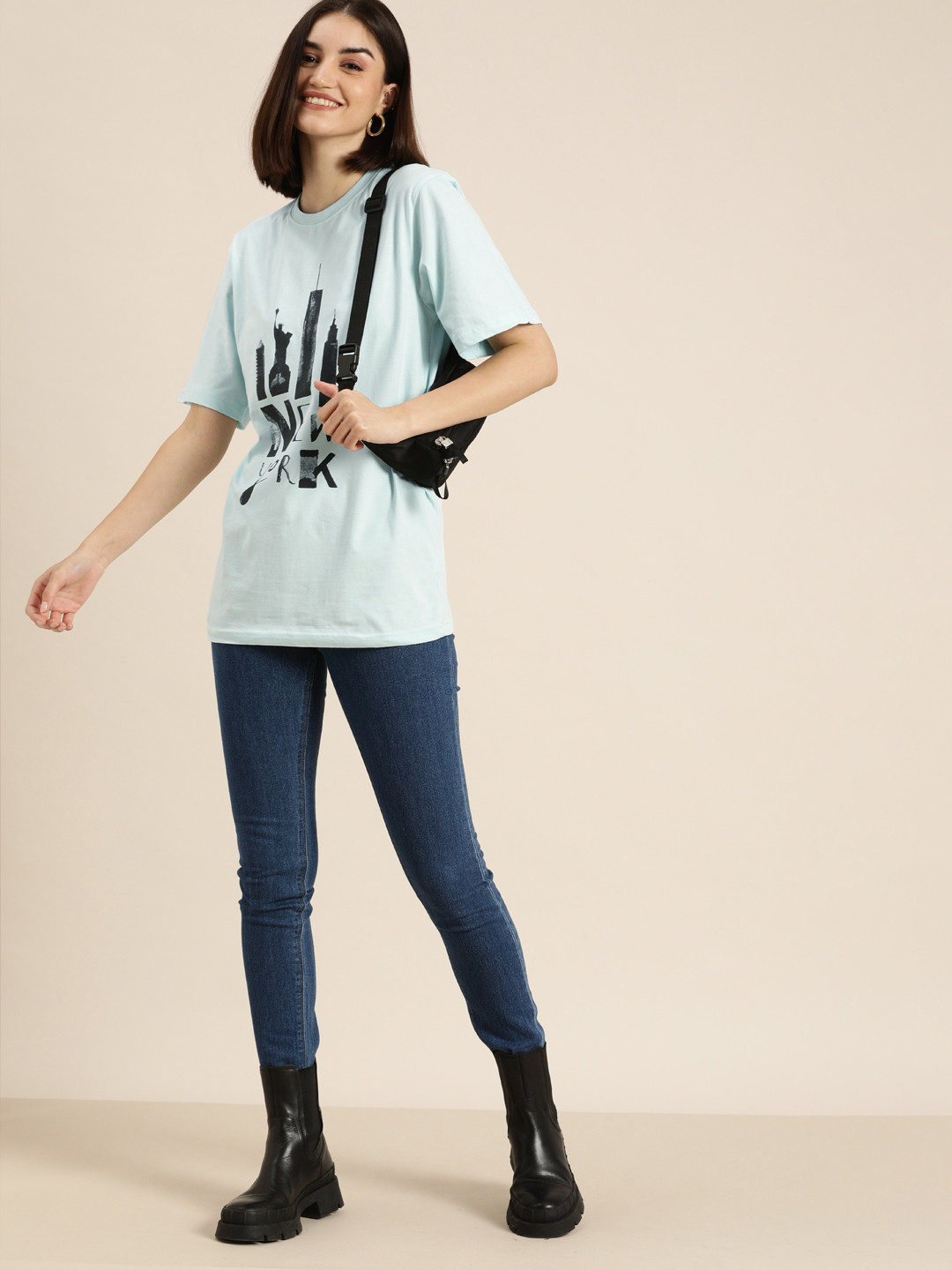 

DILLINGER Women Blue Typography Printed Pure Cotton Loose Pure Cotton T-shirt