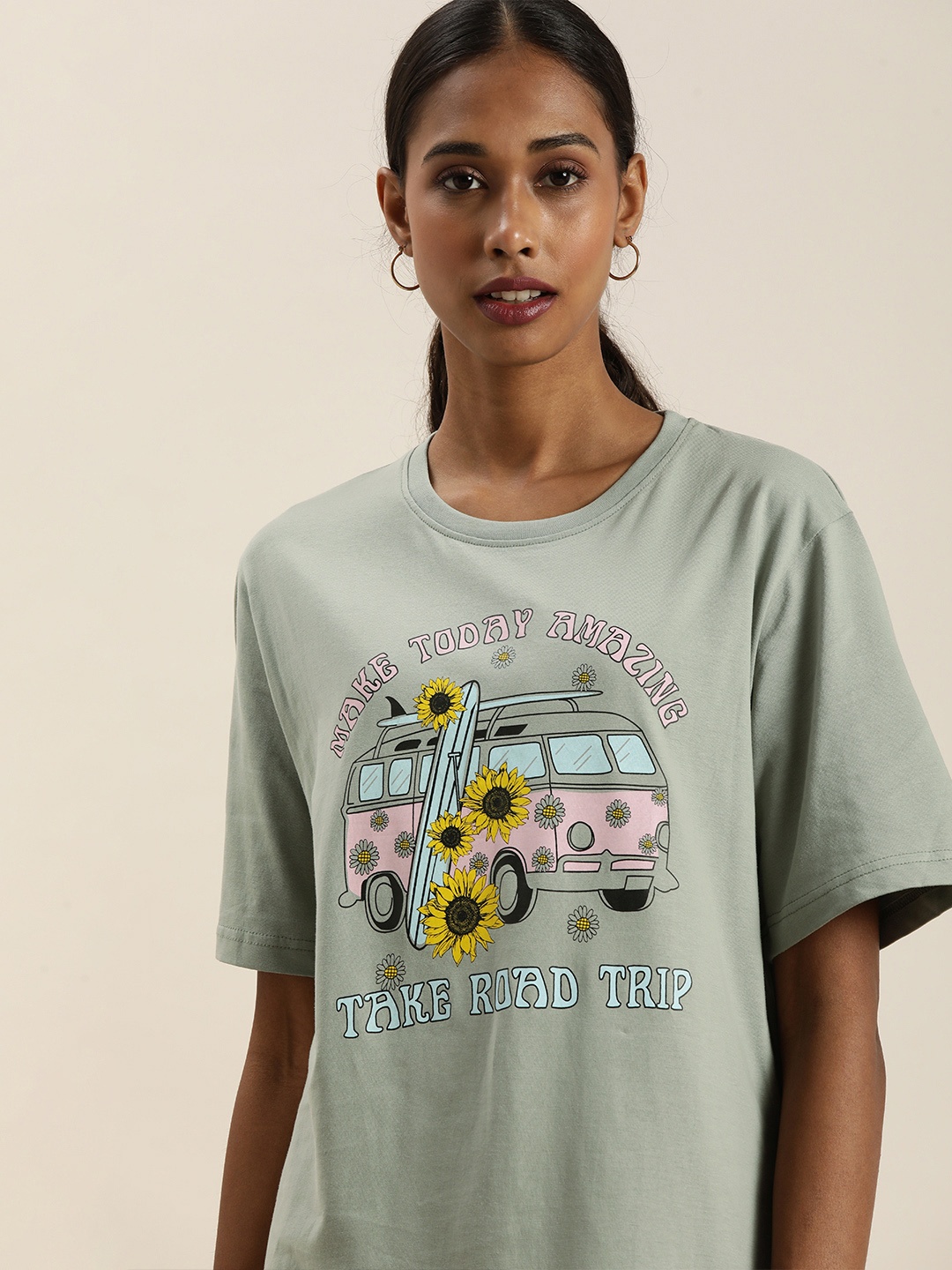 

DILLINGER Women Grey Printed Pure Cotton Oversized T-shirt