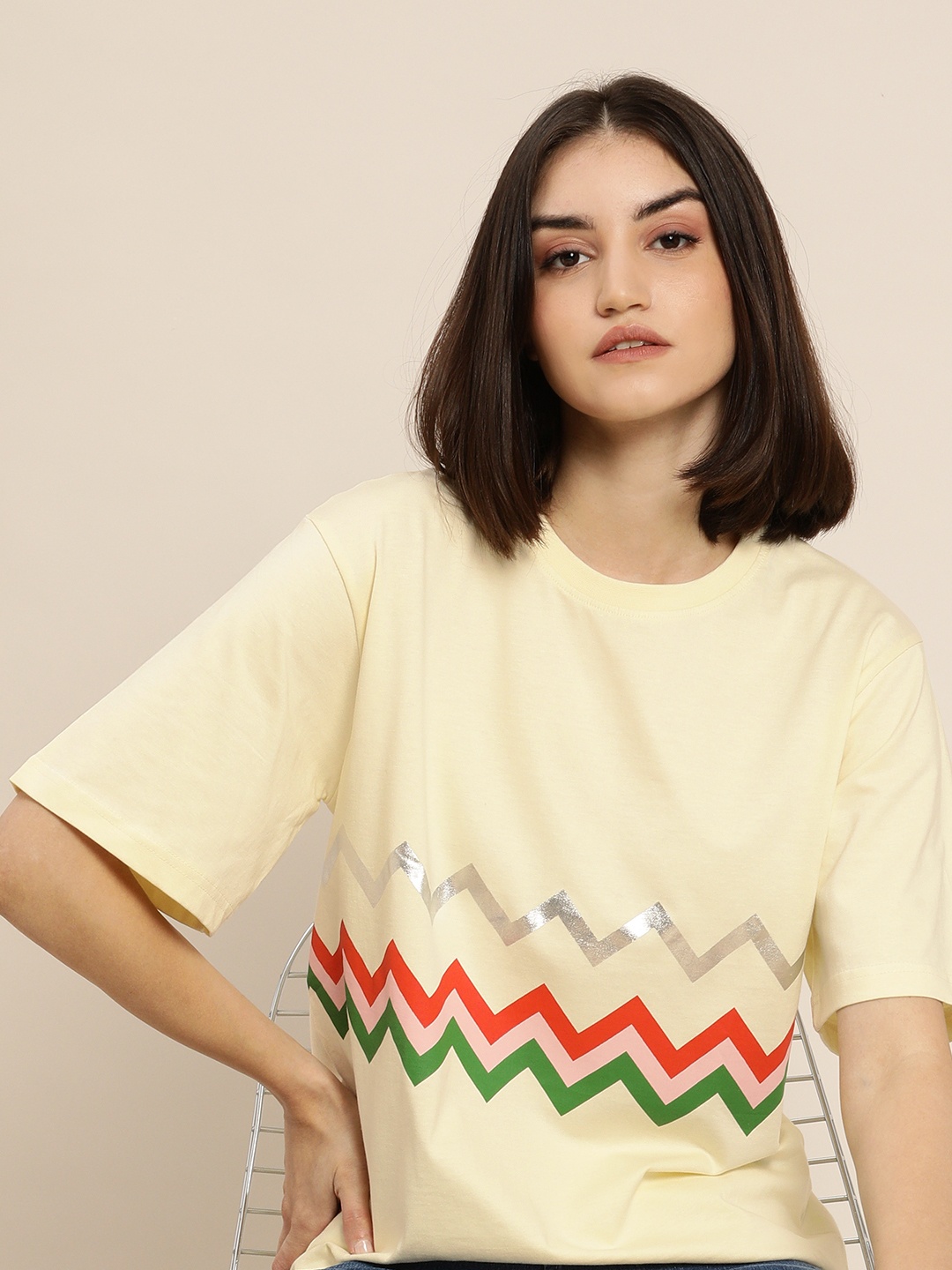 

DILLINGER Women Cream-Coloured Printed Cotton Oversized Pure Cotton T-shirt