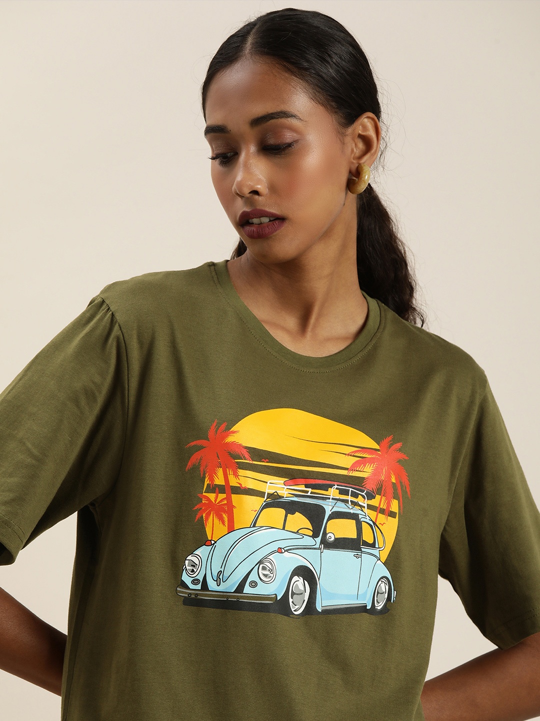 

DILLINGER Women Olive Green Printed Cotton Oversized Pure Cotton T-shirt