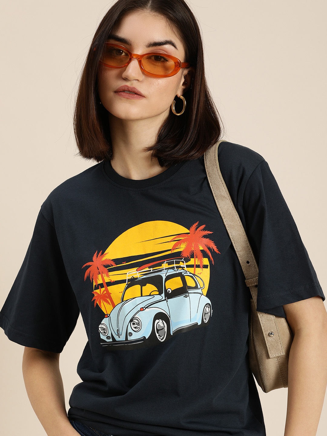 

DILLINGER Women Navy Blue Printed Pure Cotton Oversized T-shirt