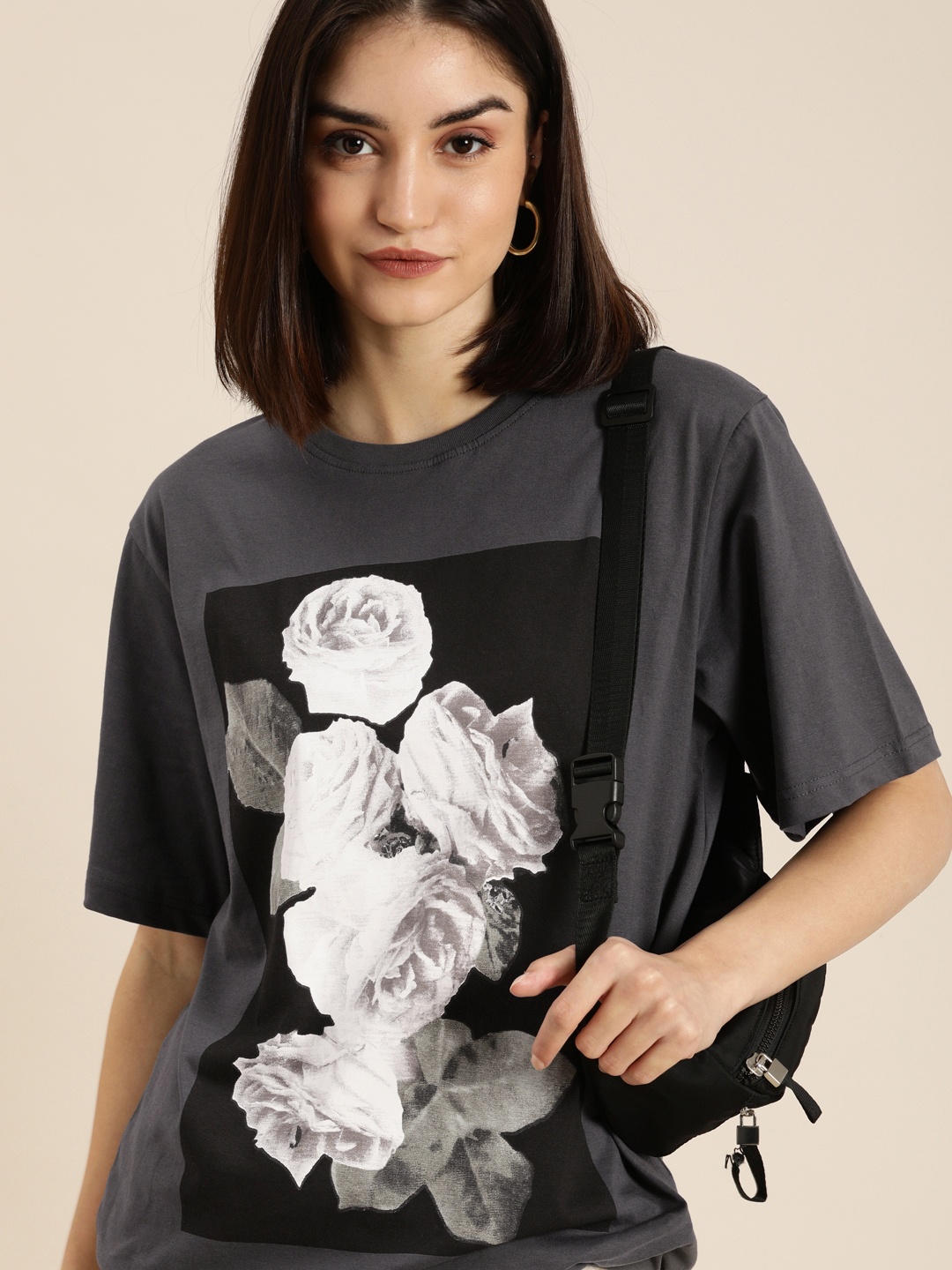 

DILLINGER Women Grey Floral Printed Oversized T-shirt