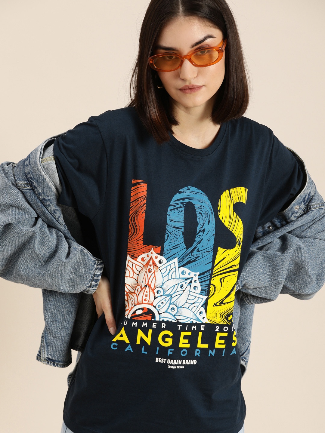 

DILLINGER Women Navy Blue Yellow Printed Oversized T-shirt