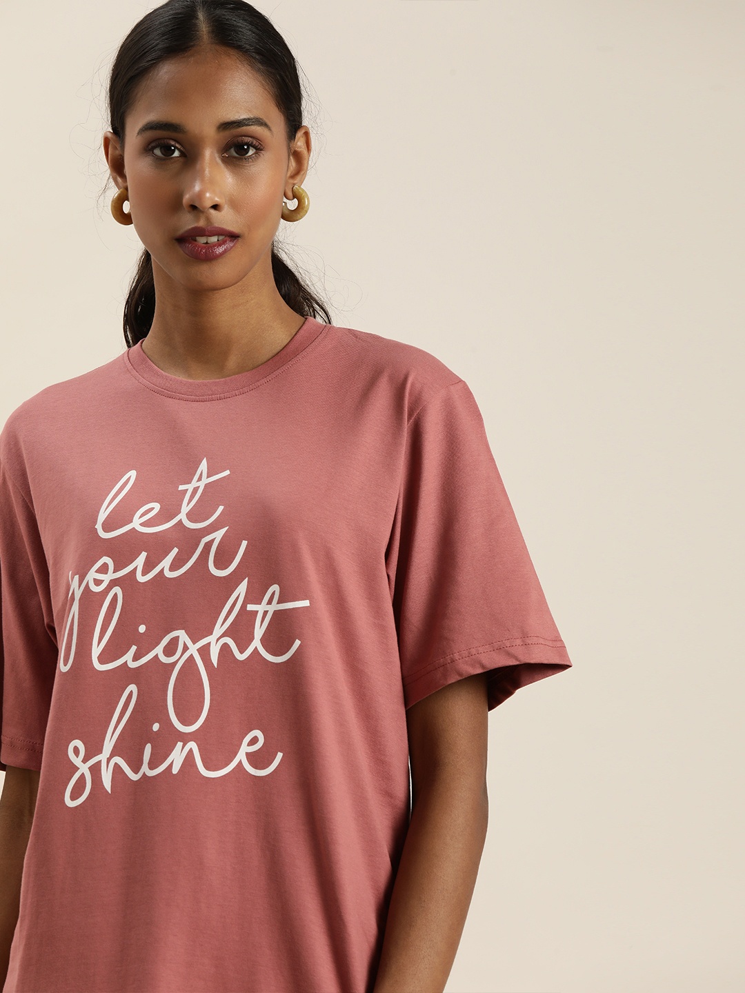 

DILLINGER Women Pink White Printed Oversized T-shirt