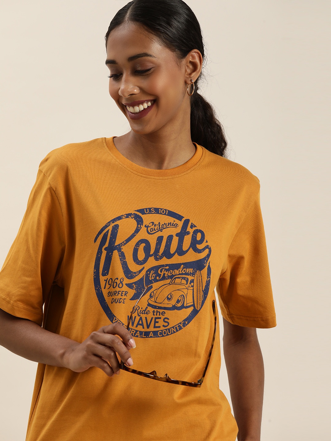 

DILLINGER Women Mustard Brown Typography Printed Cotton Oversized T-shirt