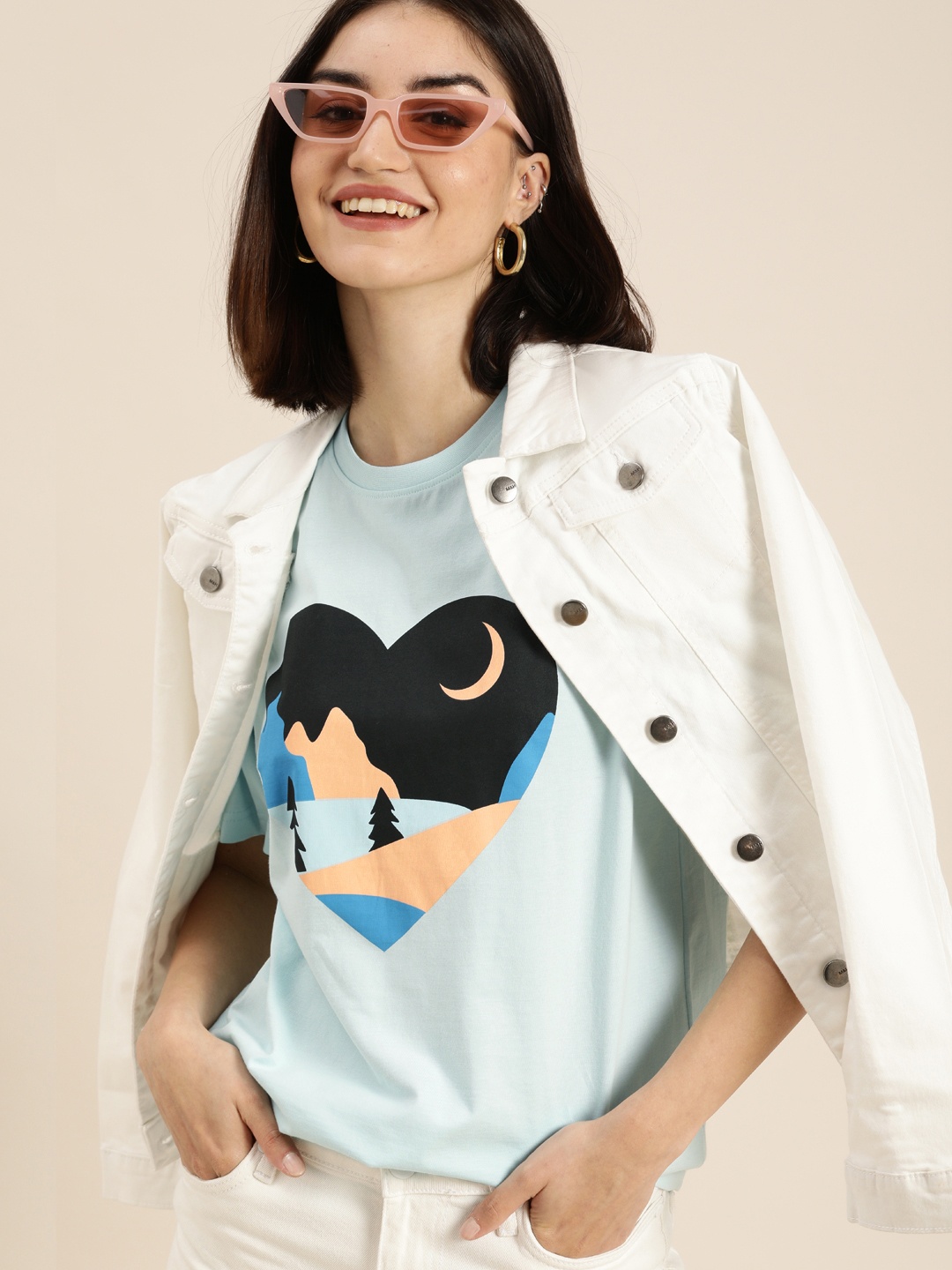 

DILLINGER Women Blue Printed Pure Cotton Oversized T-shirt