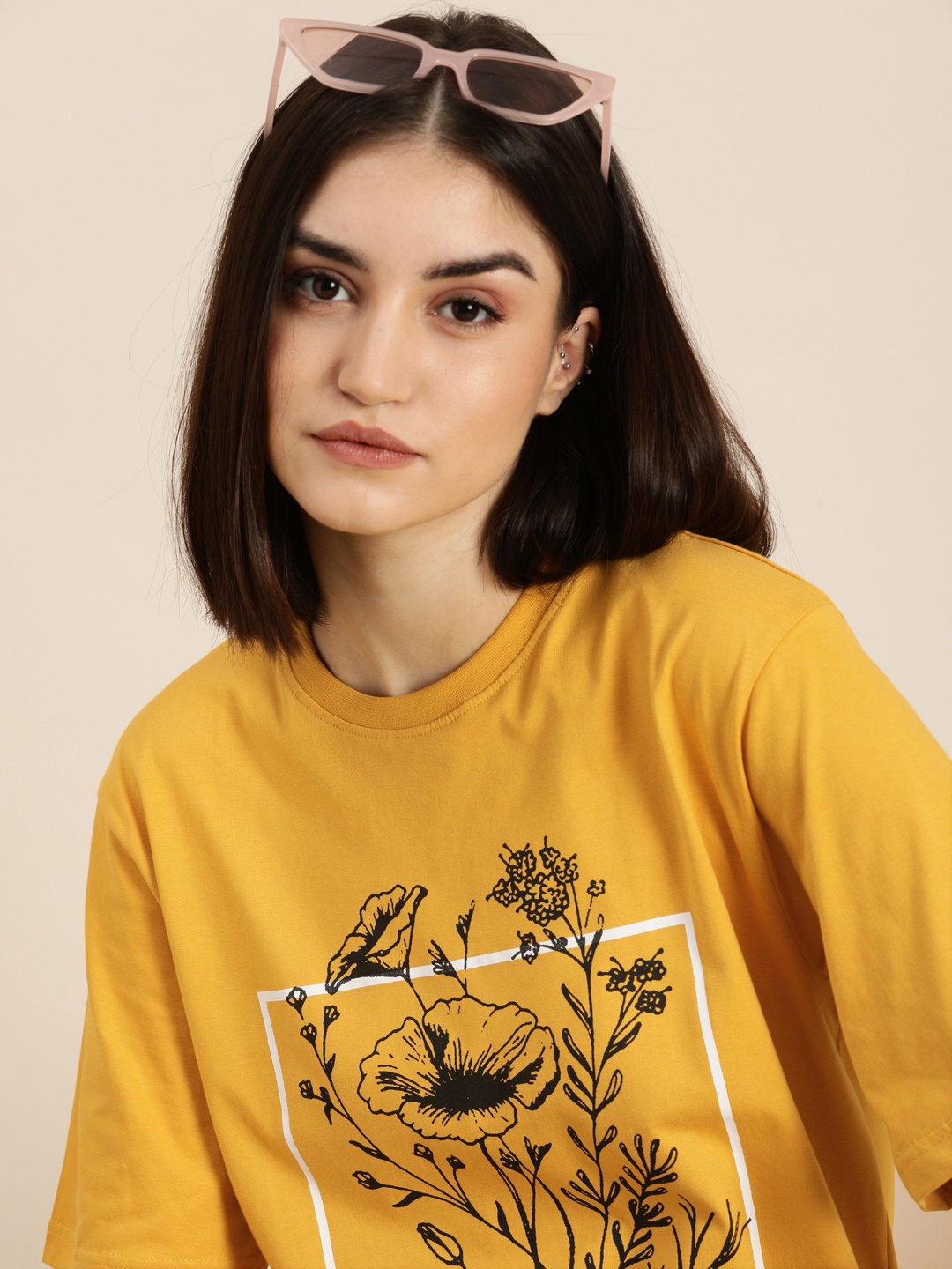 

DILLINGER Women Mustard Yellow Floral Printed Pure Cotton Oversized T-shirt