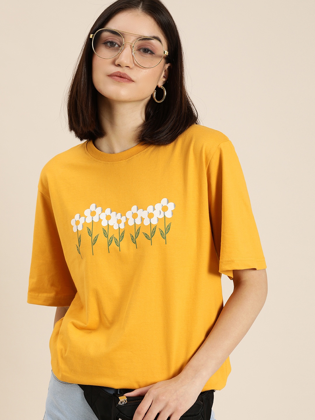 

DILLINGER Women Mustard Yellow White Floral Printed Loose Pure Cotton T-shirt