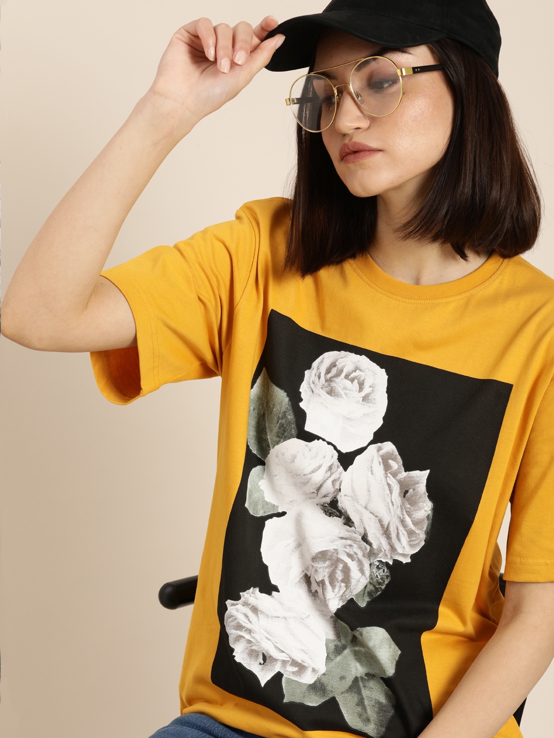 

DILLINGER Women Yellow Floral Printed Oversized Cotton T-shirt