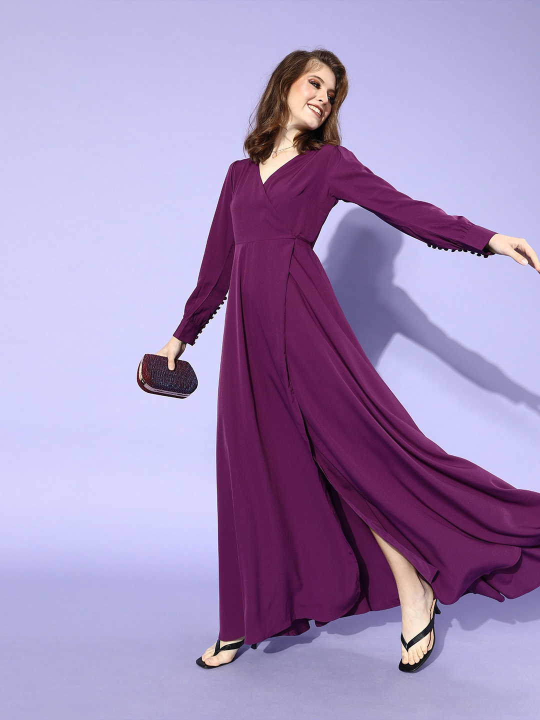 

Berrylush Women Purple Solid Bishop Sleeves Dress