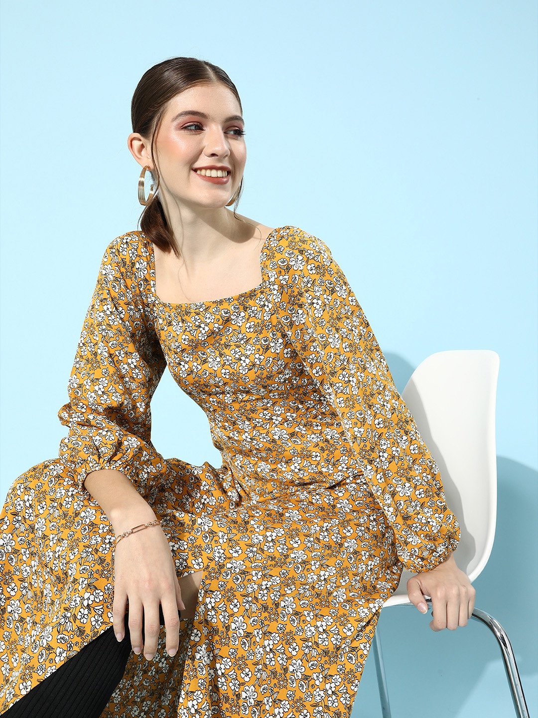 

Berrylush Women Stylish Mustard Floral Puff Sleeves Dress