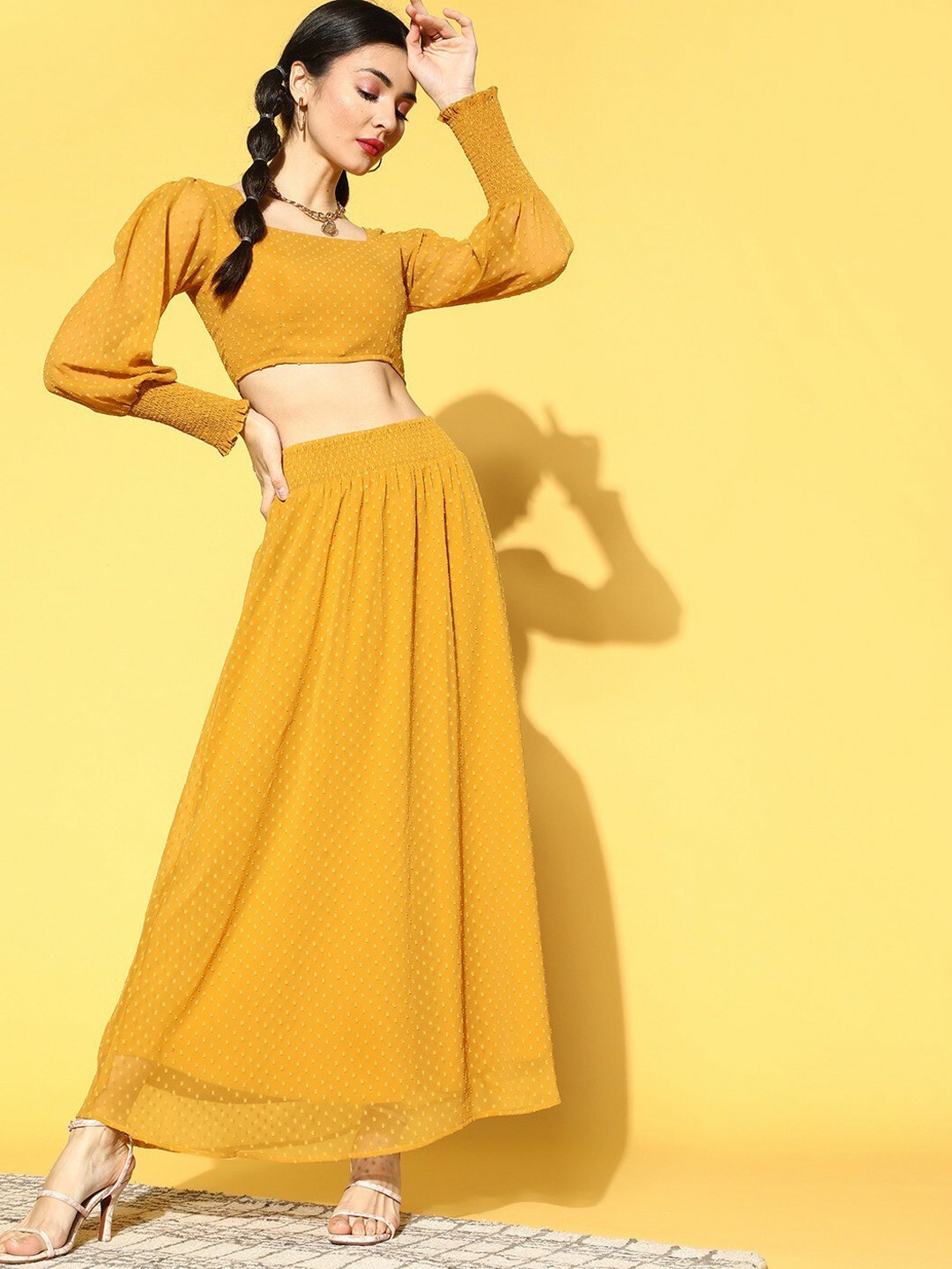 

Berrylush Women Stylish Mustard Self-Design Top with Skirt