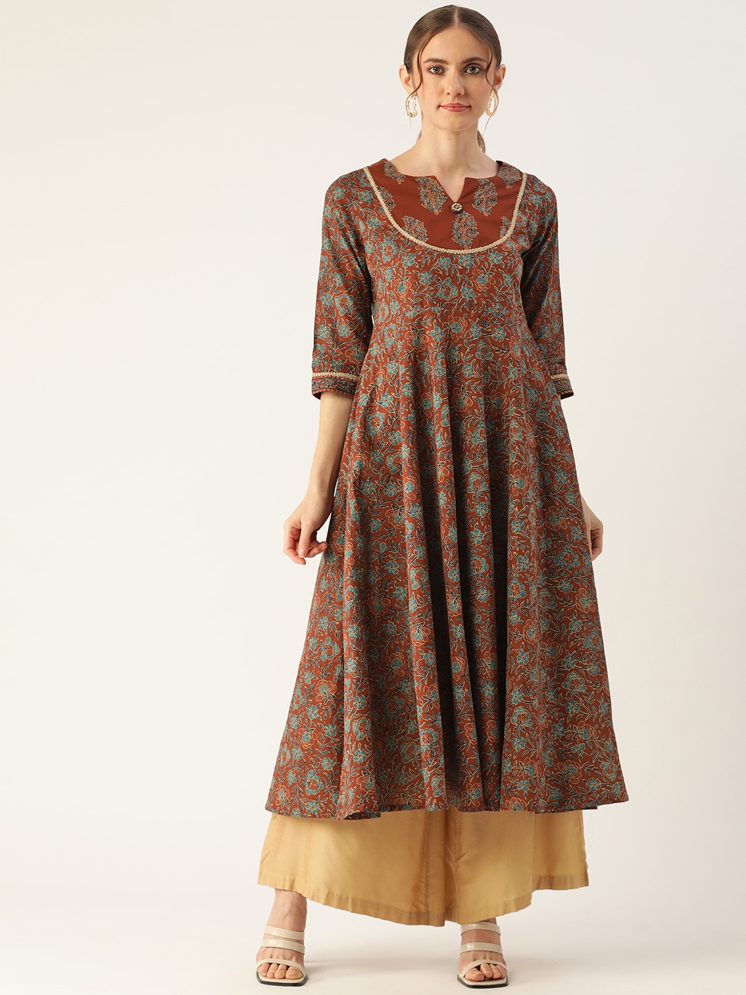 

FABRIC FITOOR Women Maroon & Blue Floral Printed Cotton Anarkali Kurta