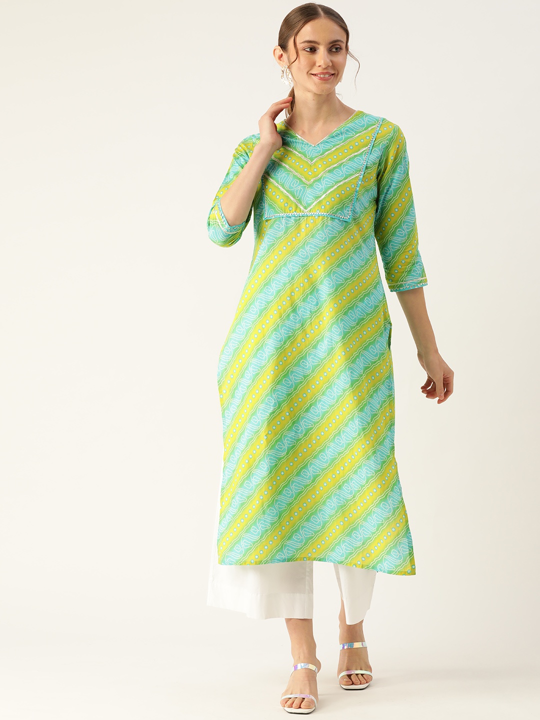 

FABRIC FITOOR Women Blue & Yellow Bandhani Printed Gotta Patti Cotton Kurta