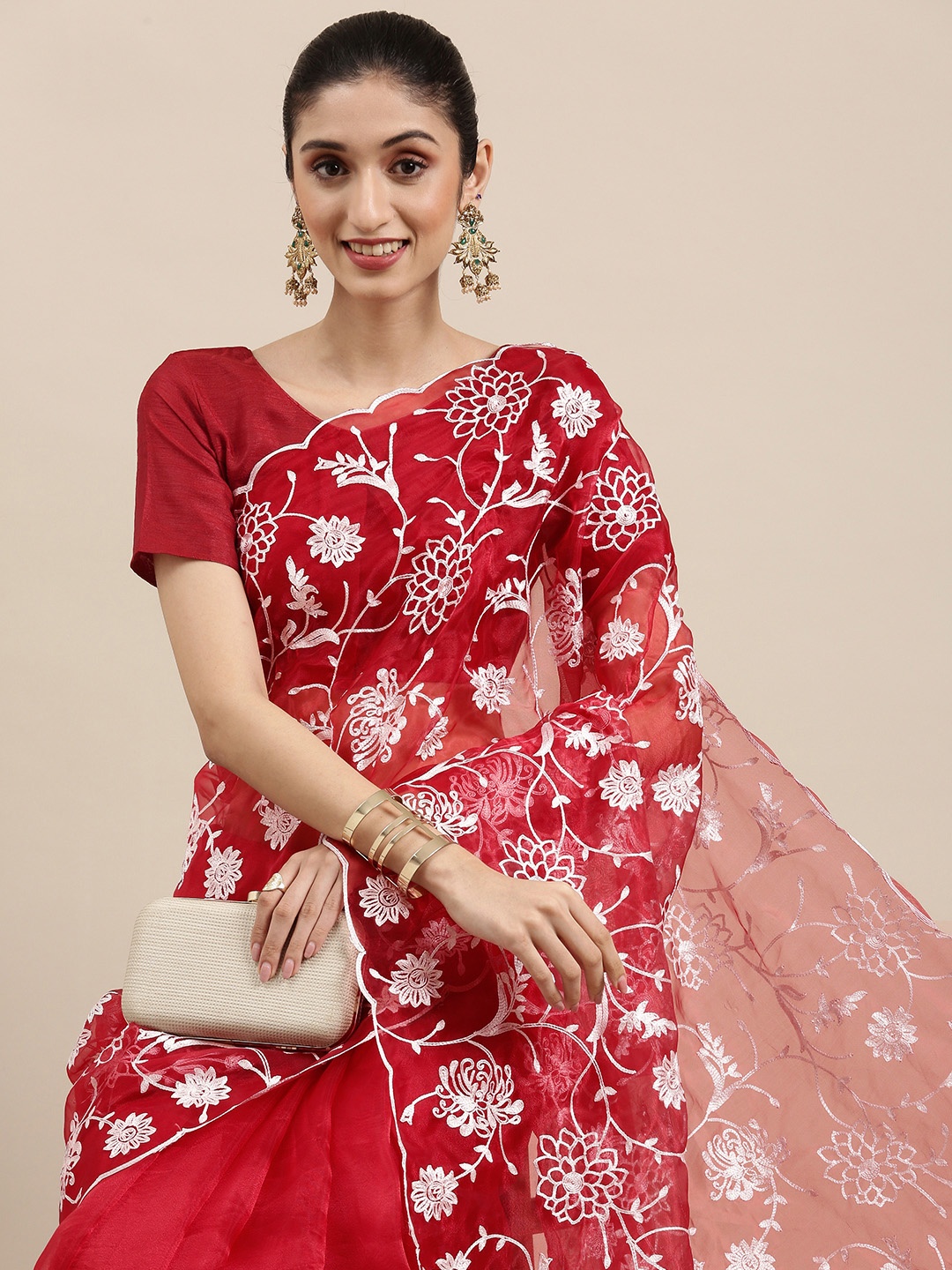 

all about you Maroon & White Floral Embroidered Organza Saree