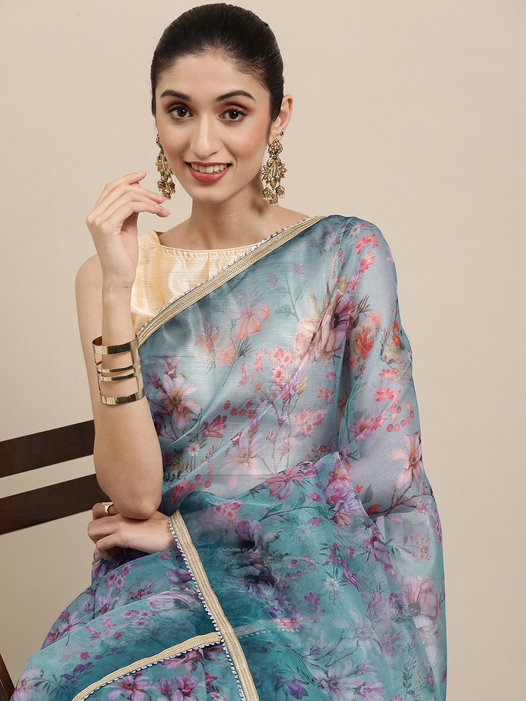 

all about you Blue Floral Organza Tussar Saree