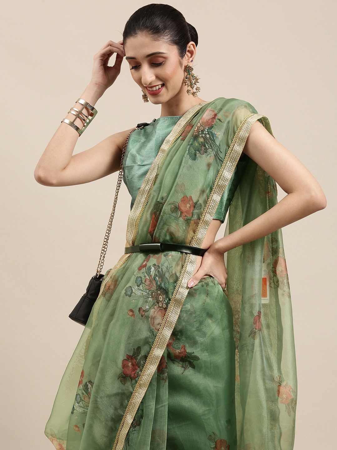 

all about you Green Floral Organza Tussar Saree