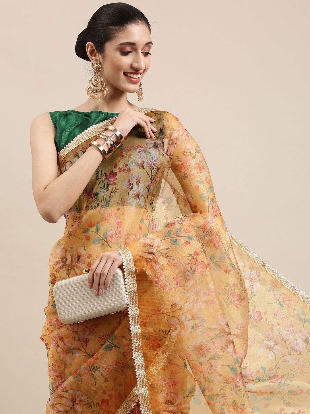 

all about you Mustard Floral Organza Tussar Saree