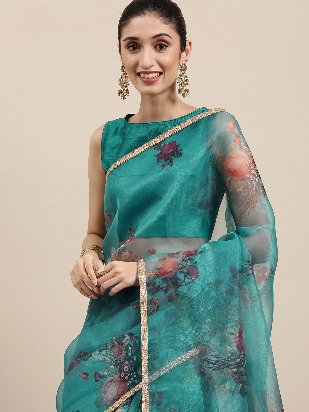 

all about you Teal & Pink Floral Organza Tussar Saree