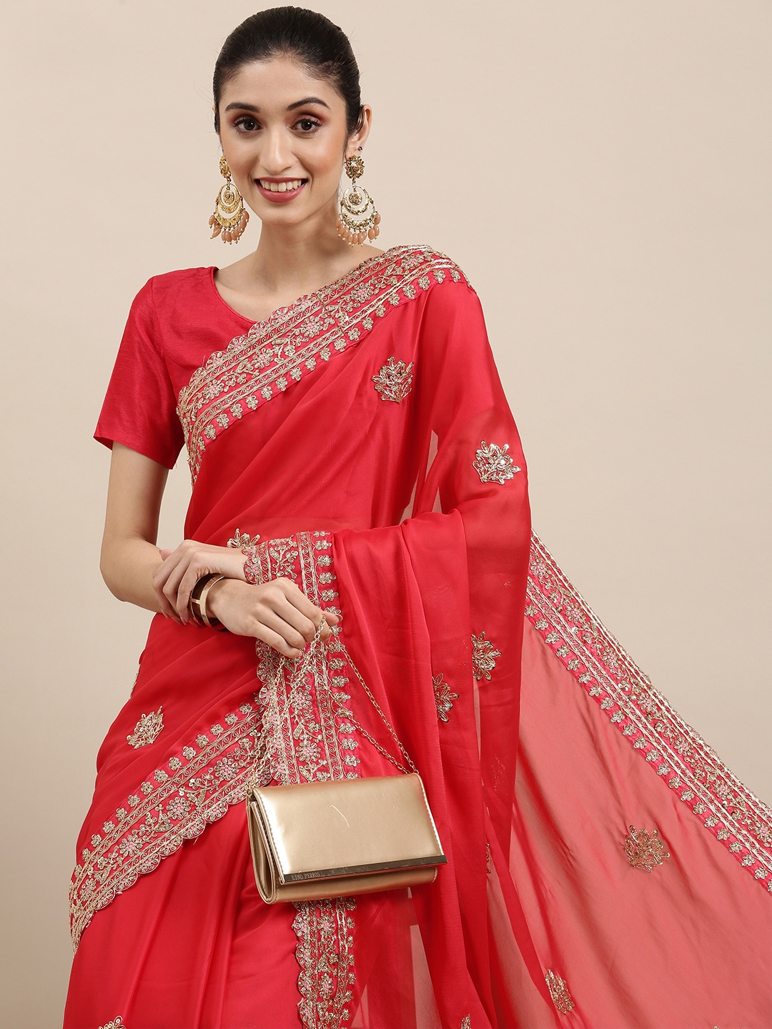 

all about you Red & Gold-Toned Floral Sequinned Saree