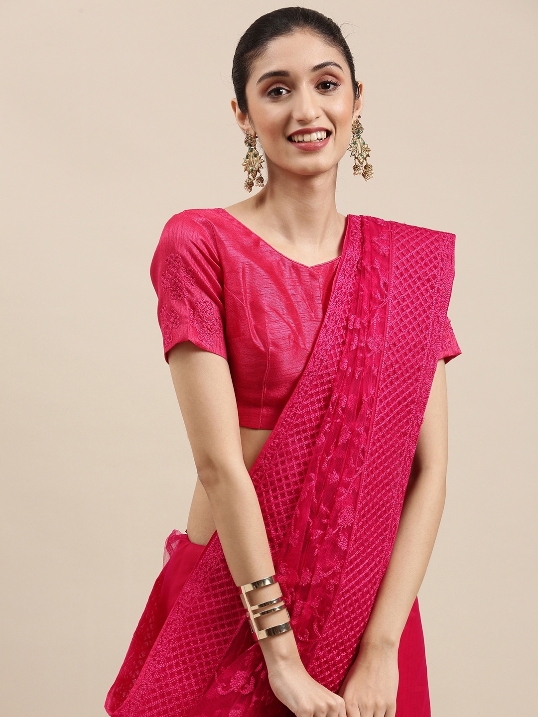 

all about you Pink Floral Net Tussar Saree